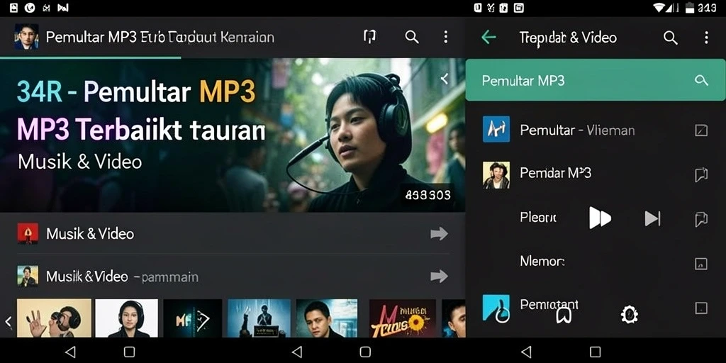 Tampilan antarmuka aplikasi Pemutar MP3 34R yang modern dan user-friendly.