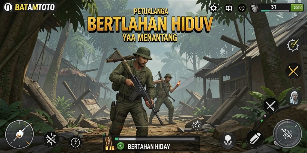 Antarmuka menarik dengan fokus pada strategi bertahan hidup.